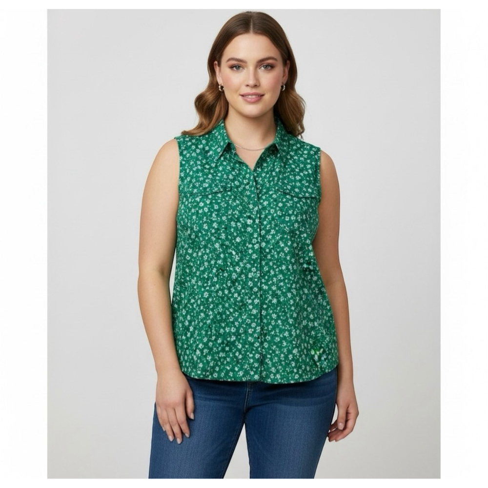 LuLaRoe Roxanne Kelly Green Floral Poppy Sleeveless Snap Collared Shirt Tank 2XL